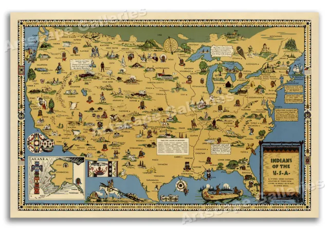 Indians of the USA Native American Tribes Historical Pictorial Map Poster  24x36