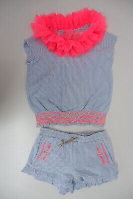 Billieblush Girls Outfit Set Age 10 Yrs Top Shorts Blue Striped Neon Pink