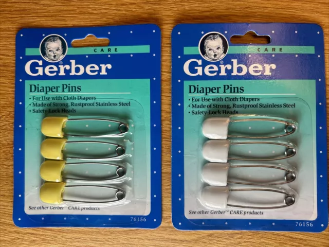 (2 Pkgs) 8 Total - 1991 Vintage Baby Gerber Novelty  Diaper Pins Yellow & White