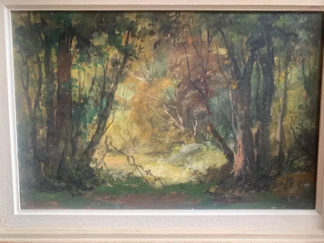 Ancien tableau peinture huile sur panneau paysage barbizonien sous bois forêt