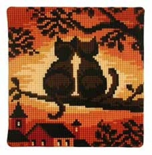 "Vervaco SONNENUNTERGANG KATZEN AUF EINEM ZWEIG klobiger Kreuzstich Kissen vorne Kit 16"" x 16"