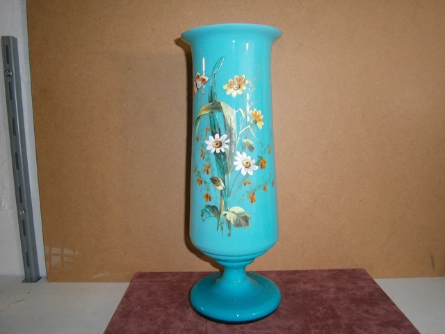 Ancien Vase Porcelaine Bleue 31 Cm Decor De Fleurs Emaillee French Antique
