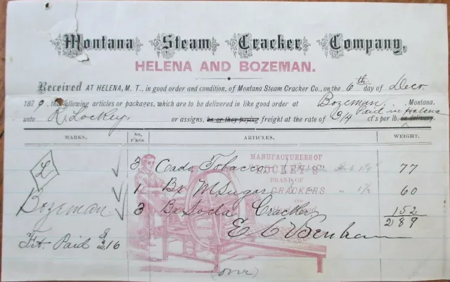 Helena & Bozeman, MT 1879 Color Letterhead: Steam Cracker Company - Montana Mont