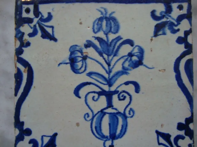 17th century delft handpainted dutch  tile with flowevase 1620 3