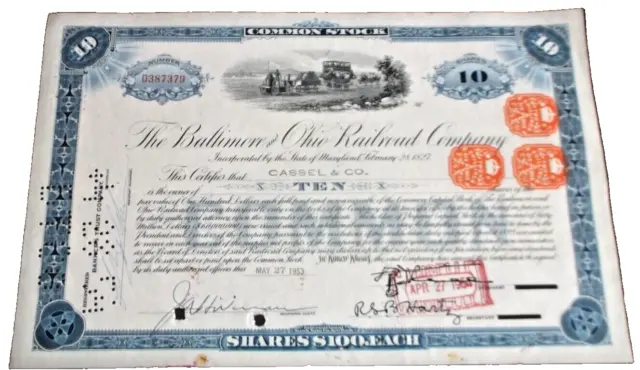 1953 Baltimore & Ohio Railroad Ten Shares Stock Certificate United Kingdom