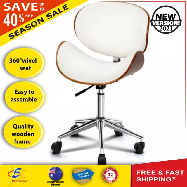Wooden & PU Leather Office Desk Chair - White Artiss
