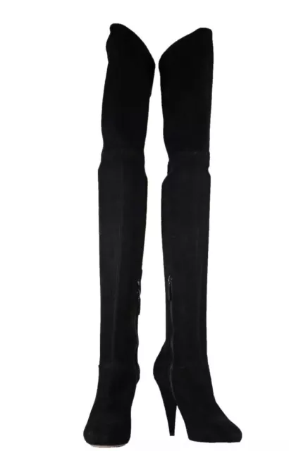 PRADA Black Suede Pointed Toe High Cone Heel Over The Knee Boots 37