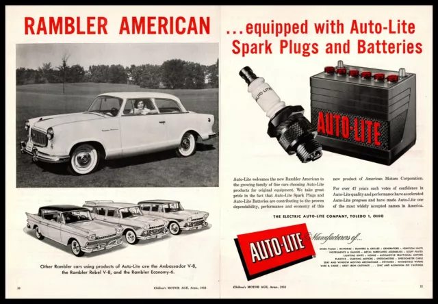 1958 Nash Rambler American Auto-Lite Car Batteries & Spark Plugs 2-Page Print Ad
