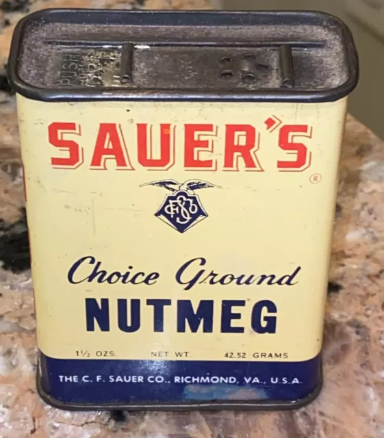 1950s Sauer’s Spice Tin Nutmeg 3“ x 2“ x 1“