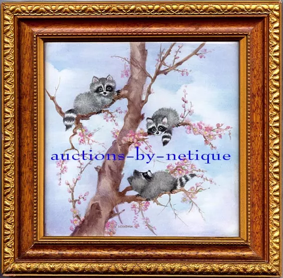 Signed Hand Painted Art Ceramic Tile Painting Baby Raccoons  In Cherry Tree