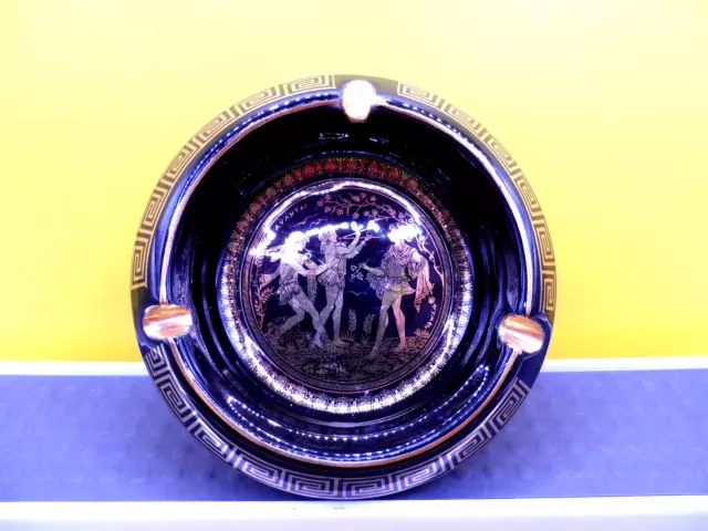 Vintage Greek MCM Black & 24K Gold Ash Tray  Key Xipolias  Hand Made In Greece