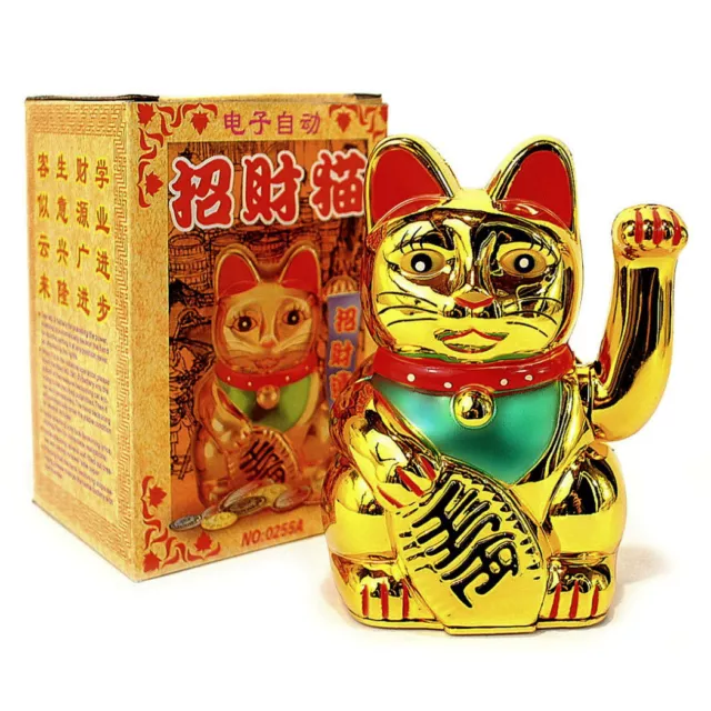 LUCKY BECKONING CAT 6" Gold Wealth Waving Kitty Maneki Neko Feng Shui Japanese