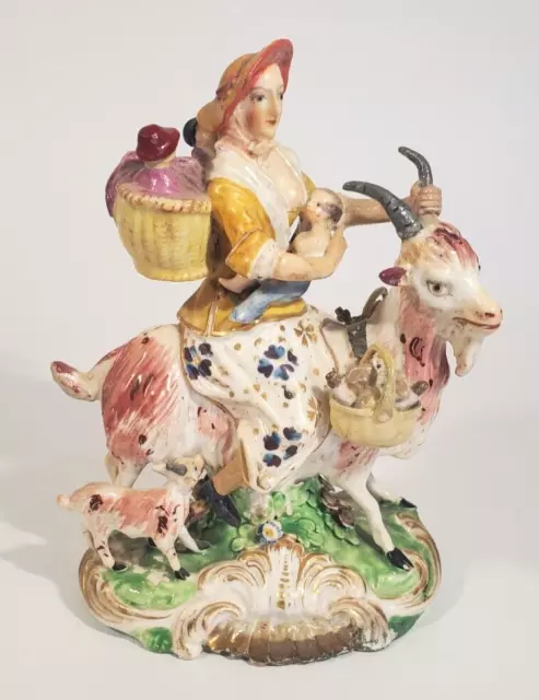 19th Century Derby Porcelain Figurine Welch Tailors Wife Riding Goat w Infant