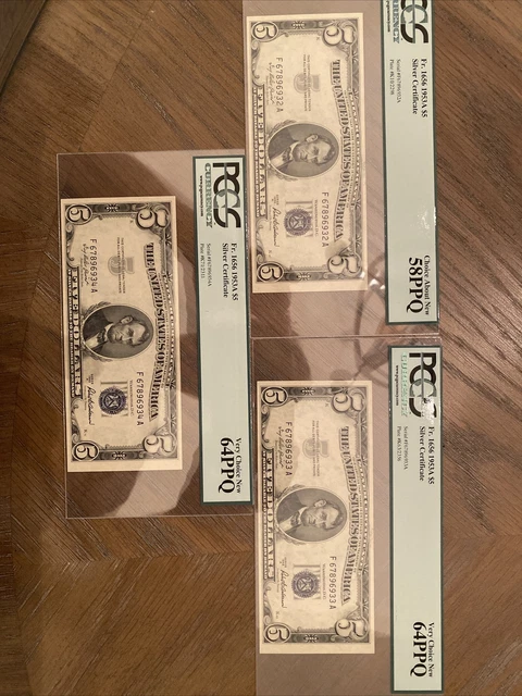 1953 Silver Certificate Consecutive 3, 58+, 64, rare, Great set, $5