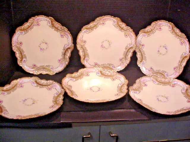 Antique VF Limoges France Hand Painted Porcelain Gilded Gold Plates Set of 6