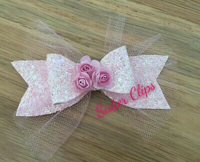 Girls Handmade pretty light baby pink glitter tulle flower 4"" Hair bow clip