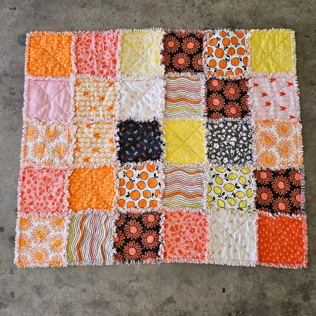 Handmade Pink Orange Yellow Square Fringe Rag Girls Baby Toddler Crib Quilt