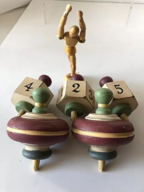 6 FOLK ART Primitive Wood SPOOL TOPS Spinner Dreidel Hand Whittled + Carved Toys