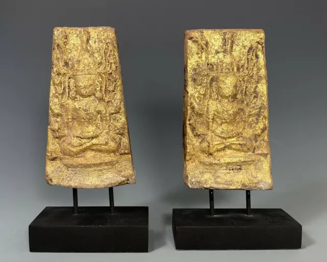 Rare Pair Of Burma Burmese Buddha Gilded Pottery Tiles of the Buddha ca. 19th c.