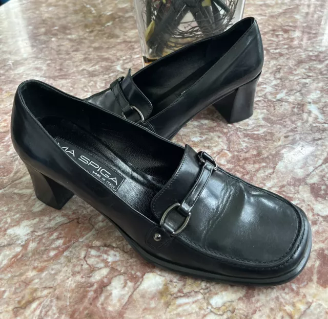 Via Spiga Women’s Black Y2K Leather Penny Loafer Square Toe Slip Shoes Heels 8.5