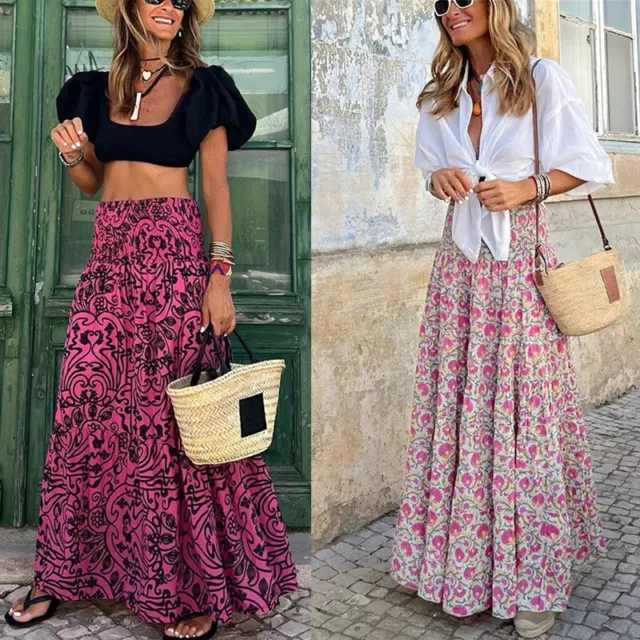 Femmes Boho Floral Longue Jupe Maxi Dames Taille Haute Plage Vacances Robe R