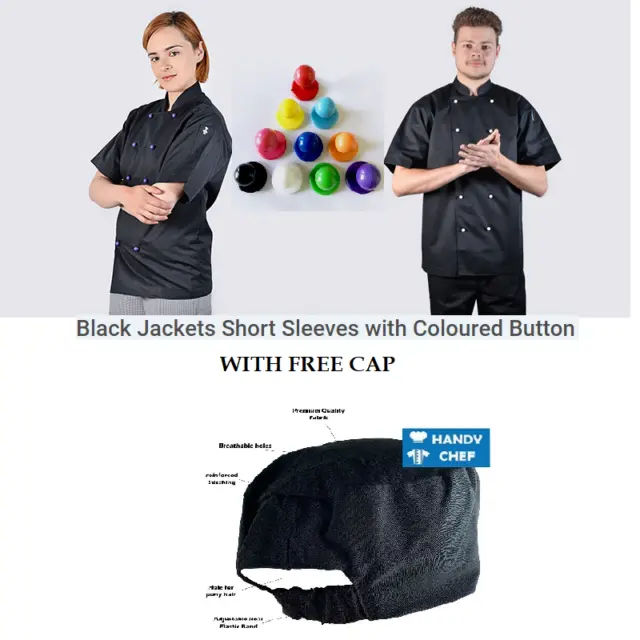 Chef Jackets Black + Free Cap - See Handy Chef Store for Chef Pants, Chef Caps