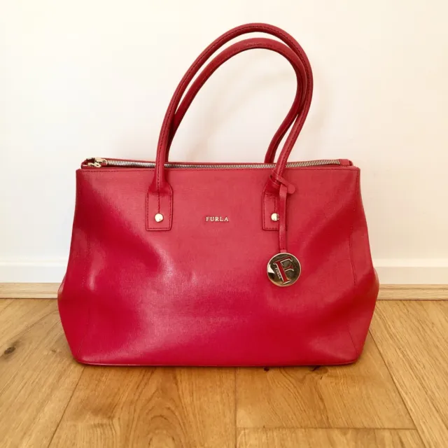 Furla Large Red Leather Tote Bag With Gold Hardware