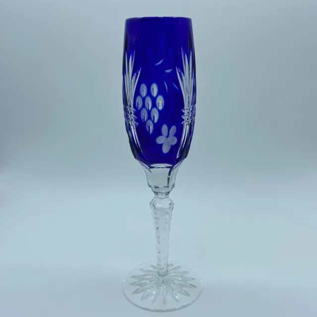 Vintage Bohemian Cobalt Blue Champagne Flute Crystal Cobalt Cut to Clear Grapes