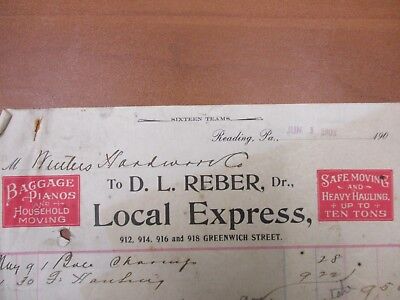 Vintage letterhead D.L. Reber Local Express moving Reading PA 6/1/1903