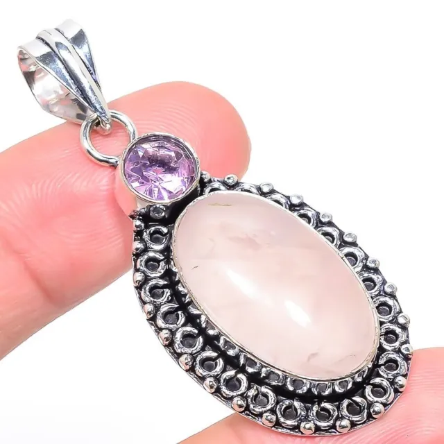 Rose Quartz, Morganite Gemstone 925 Sterling Silver Jewelry Pendant Size 2.20''
