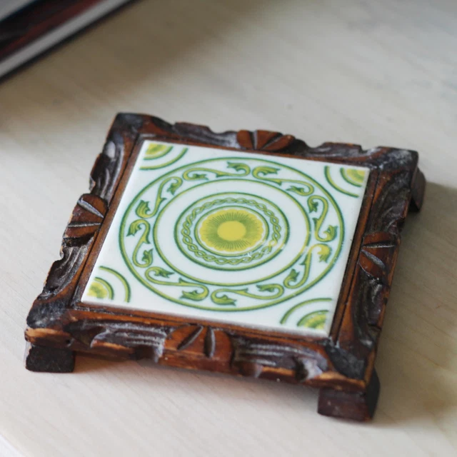Vintage Wood Framed Mexican Tile Trivet Mid Century Green DalTile Plant Stand