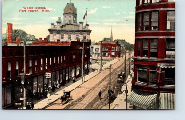 Postcard Michigan Port Huron Water Street Horse Drawn Street car tracks