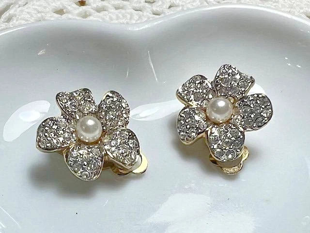 Boucles D'oreilles Clips Vintage Bronze Doré Spirales Strass Noir - 4,5 Cm - Occasion