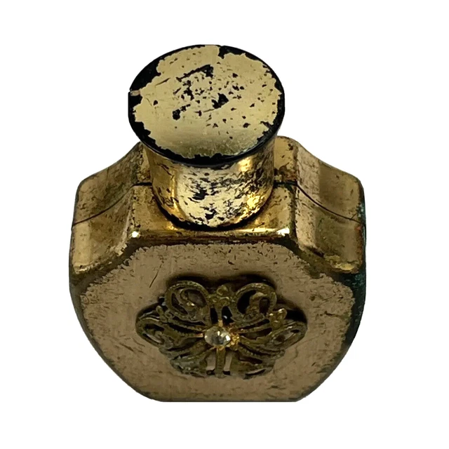 Vintage Metal Perfume Bottle Collectible Miniature Tarnished Ornate Faux Gem
