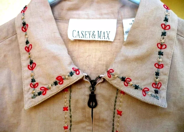 CASEY MAX S M BEIGE COTTON LINEN BLOUSE EMBROIDERED ZIP lightweight JACKET WOMEN