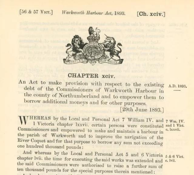 Antique Act of Parliament Debt of Warkworth Harbour 1893 politics Document