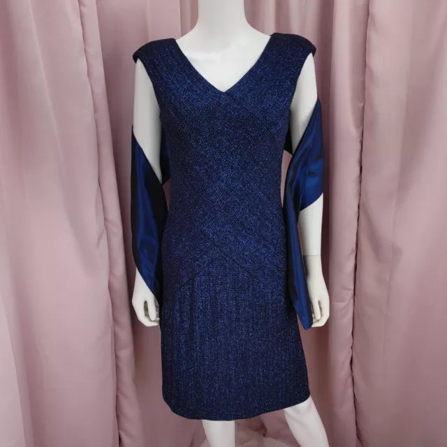 '90s Y2K Alex Evenings Women's Blue Glitter V-Neck A-Line Dress W/ Stole 12