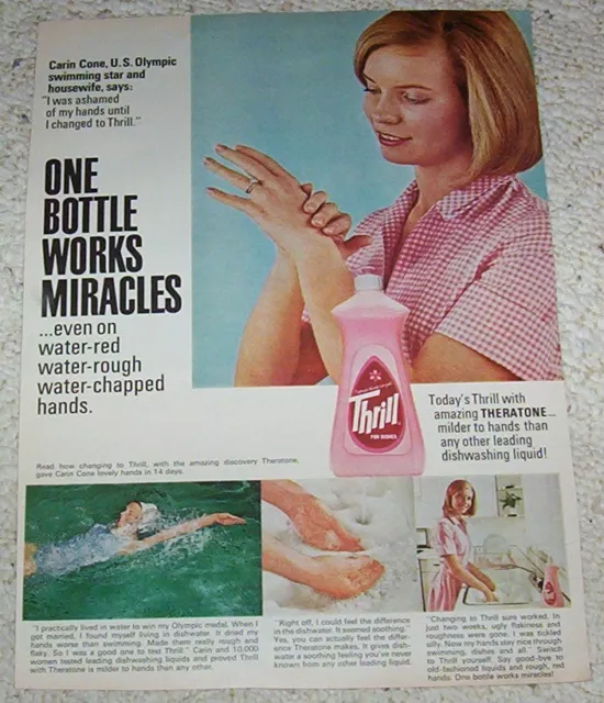 1965 vintage print ad - Thrill dish Soap CARIN CONE Olympic swimmer Advertising