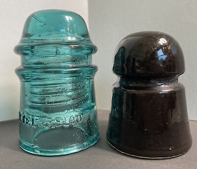 2  Telephone Insulators ~ Aqua AM Tel & Tel Co & Black Ceramic