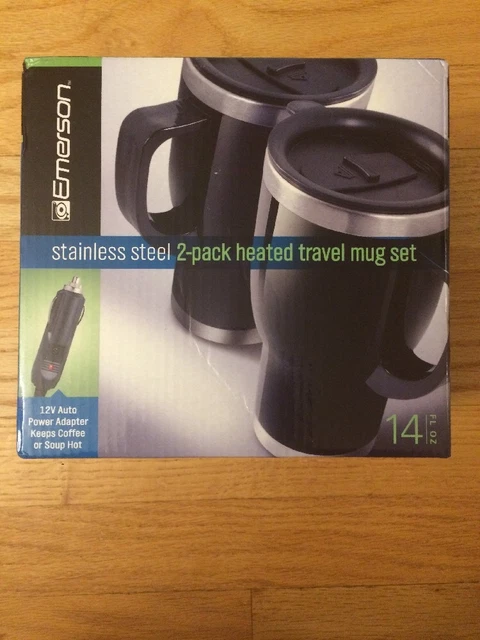 Heated Travel Mug Set Stainless Steel 12V Auto Adapters 2 - 14 OZ. EMERSON
