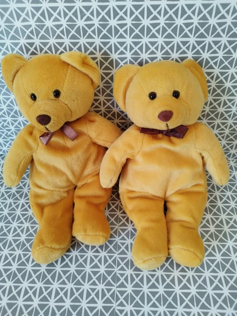 Doudou peluche ours jaune orange noeud satin marron 25 cm Yves Rocher lot de 2