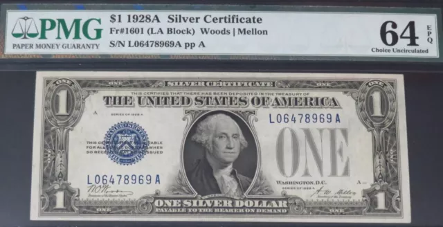 $1 1928A  Silver Certificate. Fr. 1601. PMG 64 EPQ.  RARE LA BLOCK.