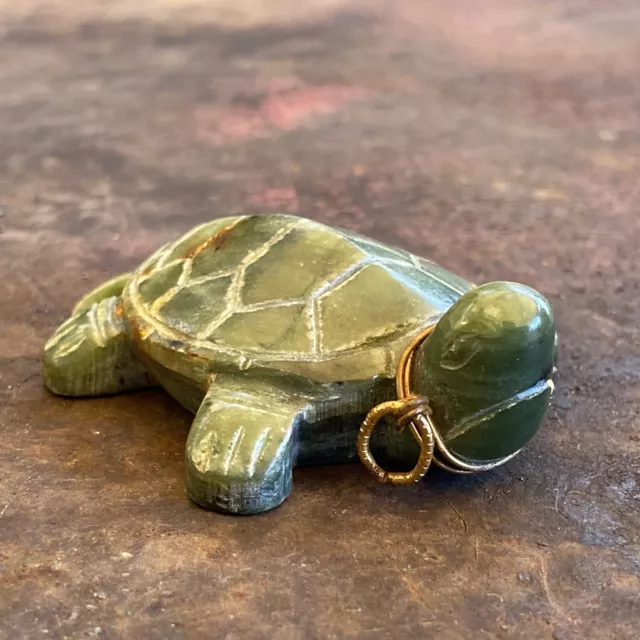 2.5” Longevity Turtle Ornament Antique  Pendant Retro Jade Like Stone Carved 2