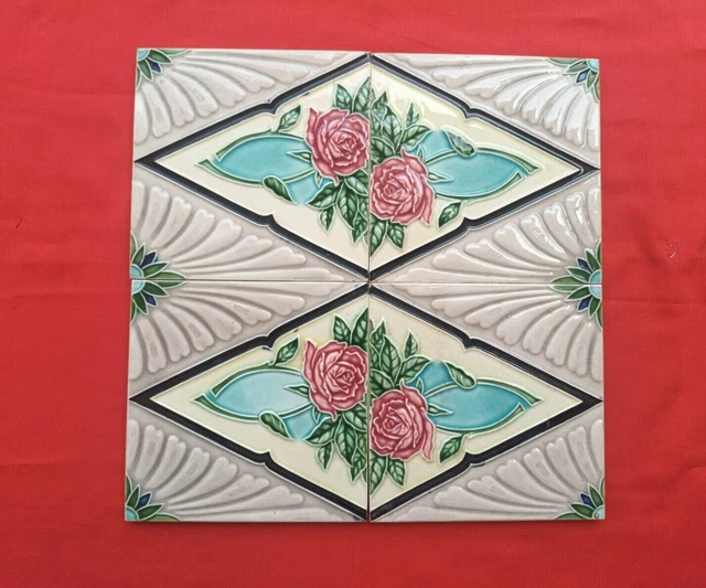 4 Piece Old Art Flower Design Embossed Majolica Ceramic Tiles Japan 0117