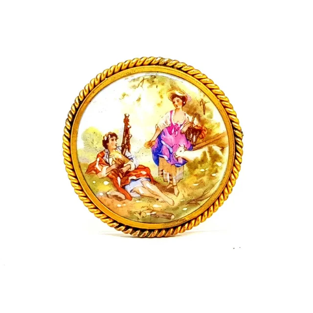 Grande Broche Ancienne En Porcelaine De Limoges - Scène Peinte, Monture Laiton - Occasion