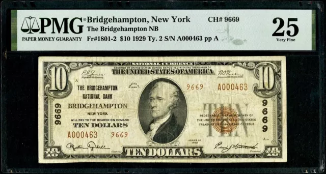 Scarce Type 2 1929 Bridgehampton New York $10 Note PMG VF25 Radar Charter #9669