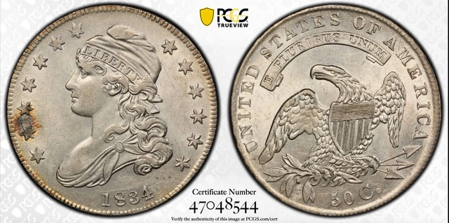 1834 PCGS AU53 Small Date, Small Letters Capped Bust Half Dollar