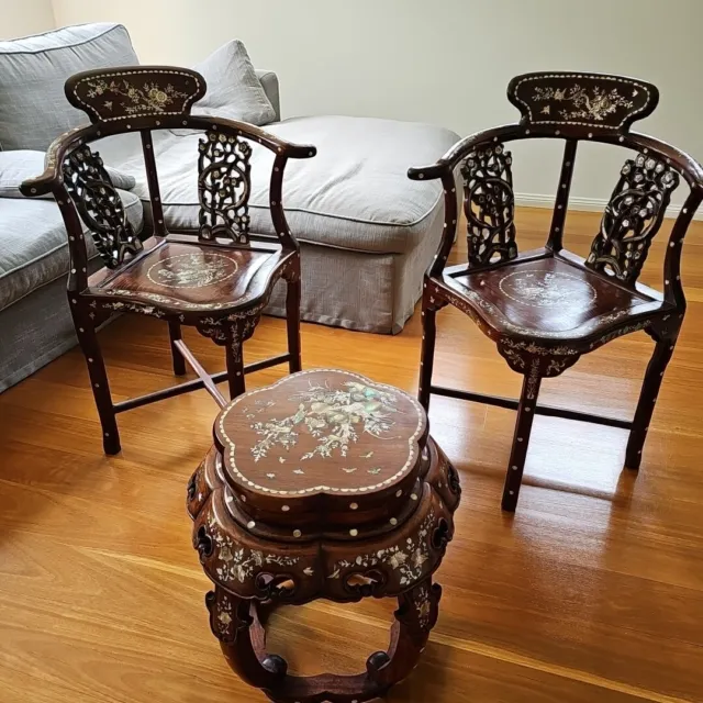 Chinese Corner Rosewood Chairs with Mother of Pearl inlay with Corner Table