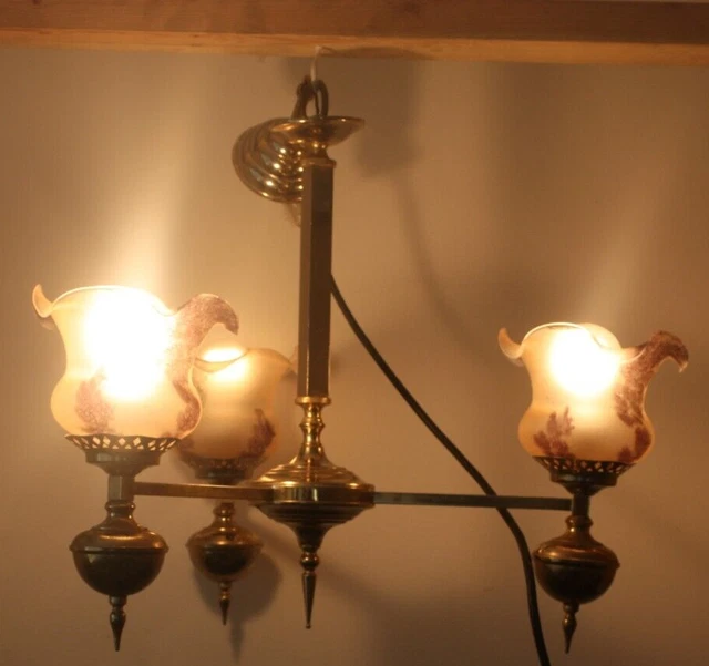 Vintage Brass 3 Arm Chandelier Ceiling Light With Fluted Glass Shades