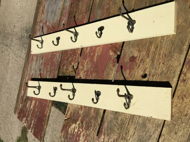 antique farmhouse coat hook board 35" by 4" / cast iron acorn coat hooks ]